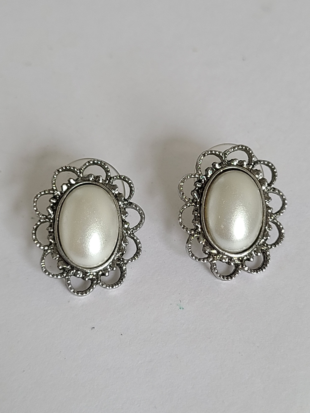 Vintage Silver Tone Victorian Revival Filigree Faux Pearl Oval Stud Earrings